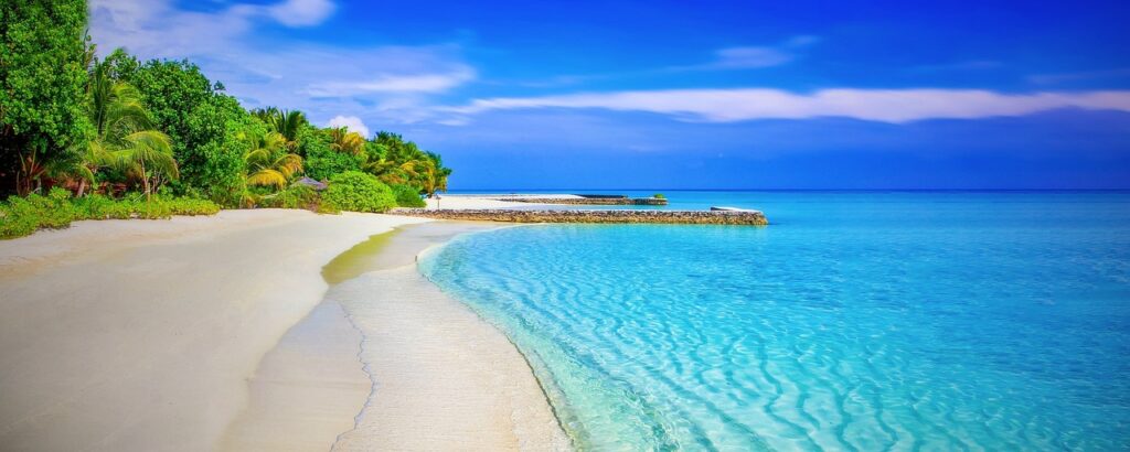 beach, sea, panorama, panoramic, blue sea, nature, blue ocean, horizon, seascape, tropical, tropical island, shore, seashore, coast, coastline, sandy beach, paradise, palm trees, ocean, water, holiday, white sand, exotica, blue, warm, relax, exotic, island, secluded beach